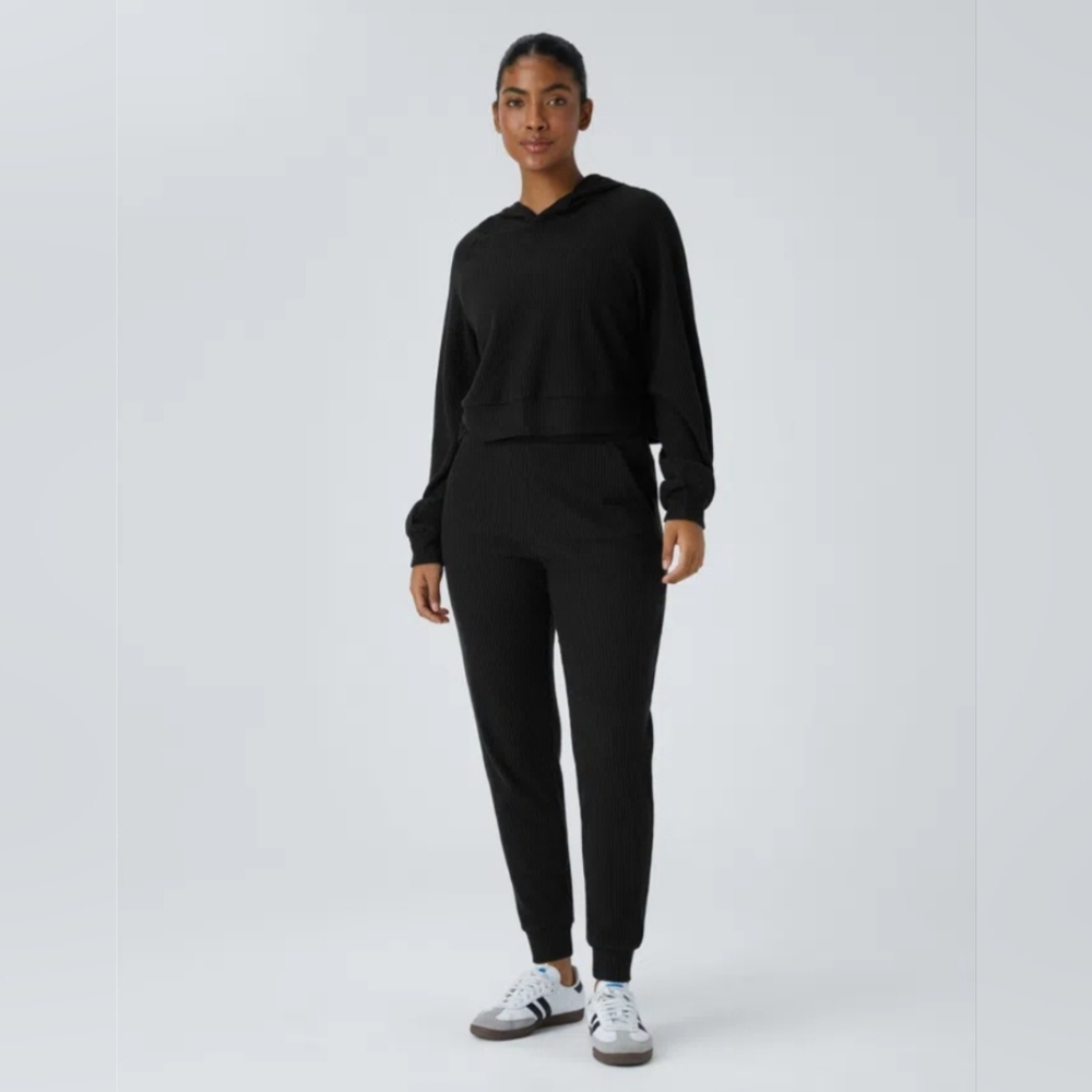 NWT HALARA Black Ribbed Knit Hooded Long Sleeve Split Sweatshirt (Size: S)
